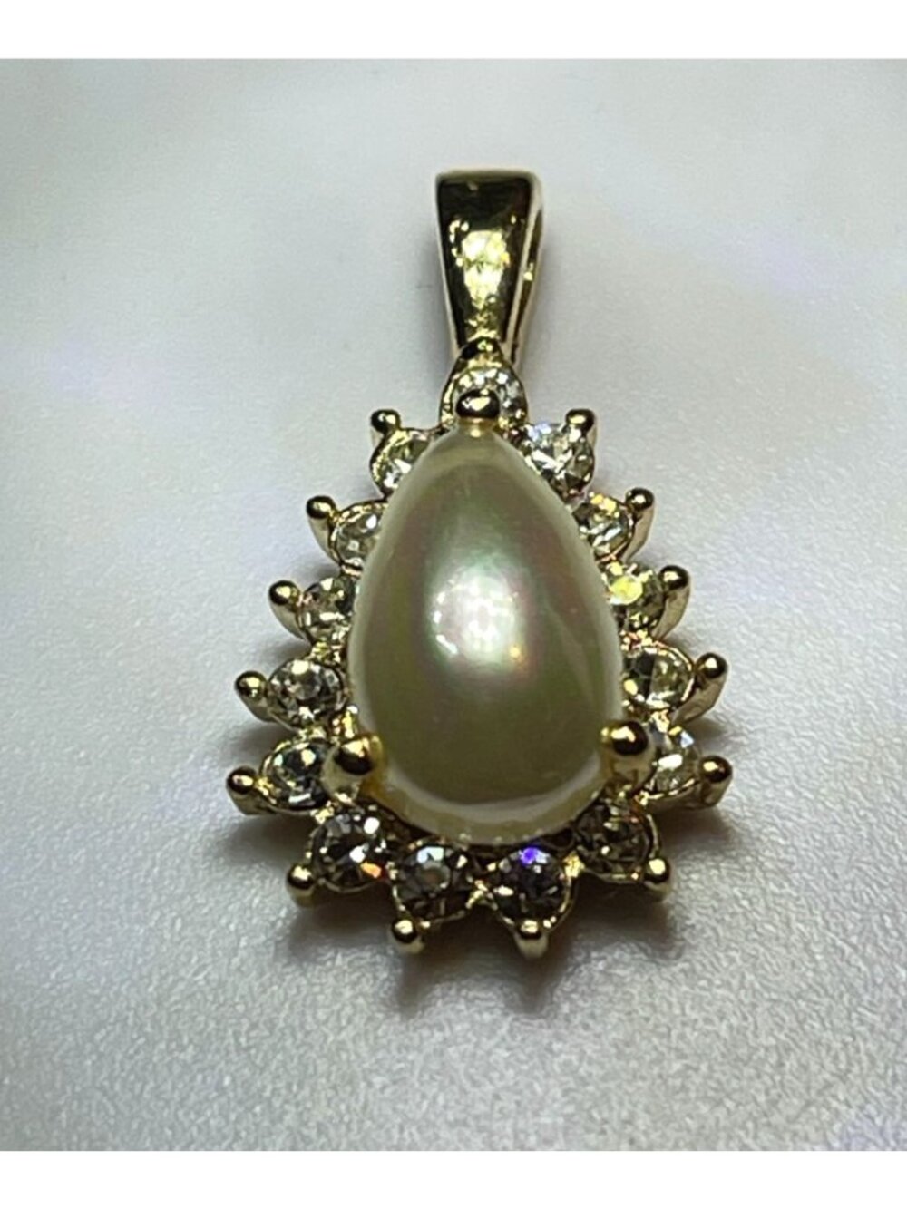 Vintage 60s Signed Roman Gold Tone Faux Pearl Cabochon Rhinestone Teardrop Penda
